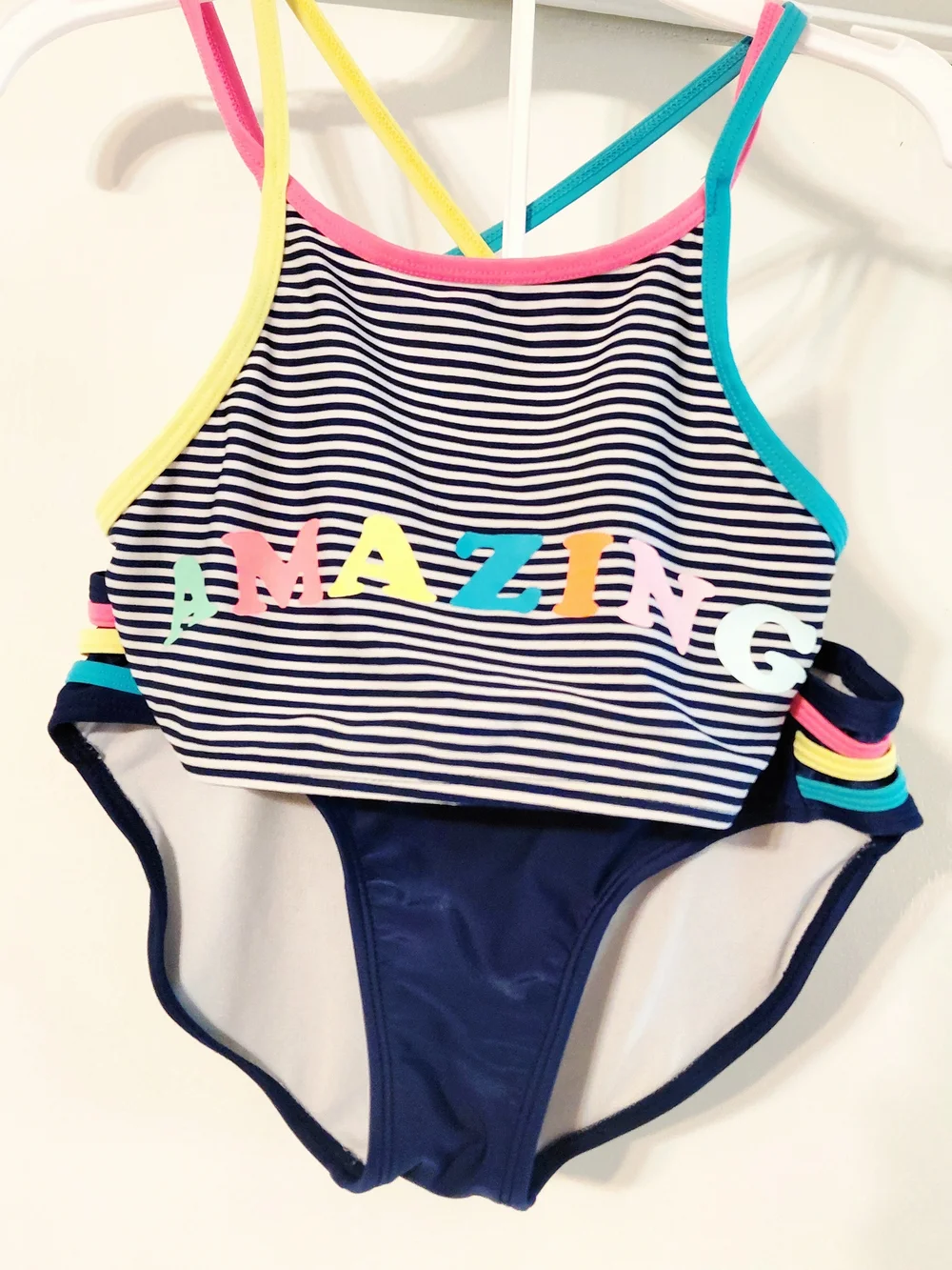 Cat & Jack Navy Striped Bikini with Neon Pink Navy Teal Yellow Trim